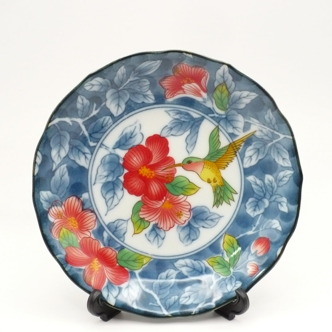 Vintage Japanese Kutani Porcelain Dish 4.6" Hummingbird & Hibiscus Design Circa 1970s.