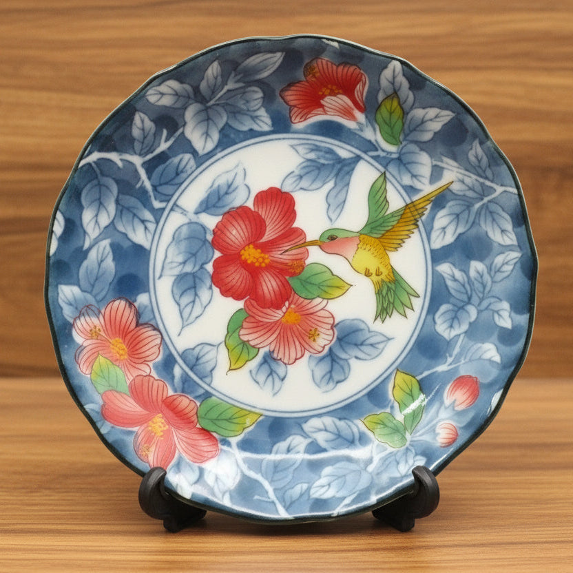 Vintage Japanese Kutani Porcelain Plate/Trinket bowl 4.6" Hummingbird & Hibiscus Design Circa 1970s.