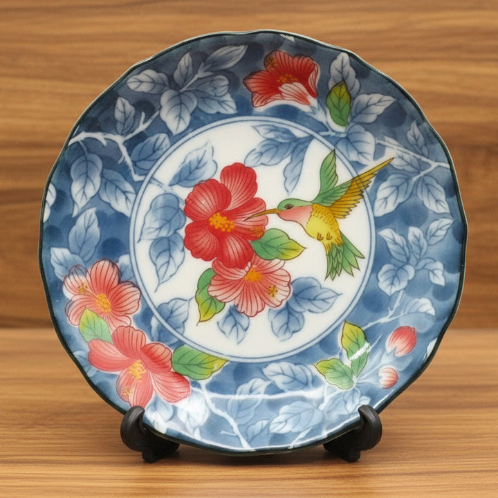 Vintage Japanese Kutani Porcelain Plate/Trinket bowl 4.6" Hummingbird & Hibiscus Design Circa 1970s.