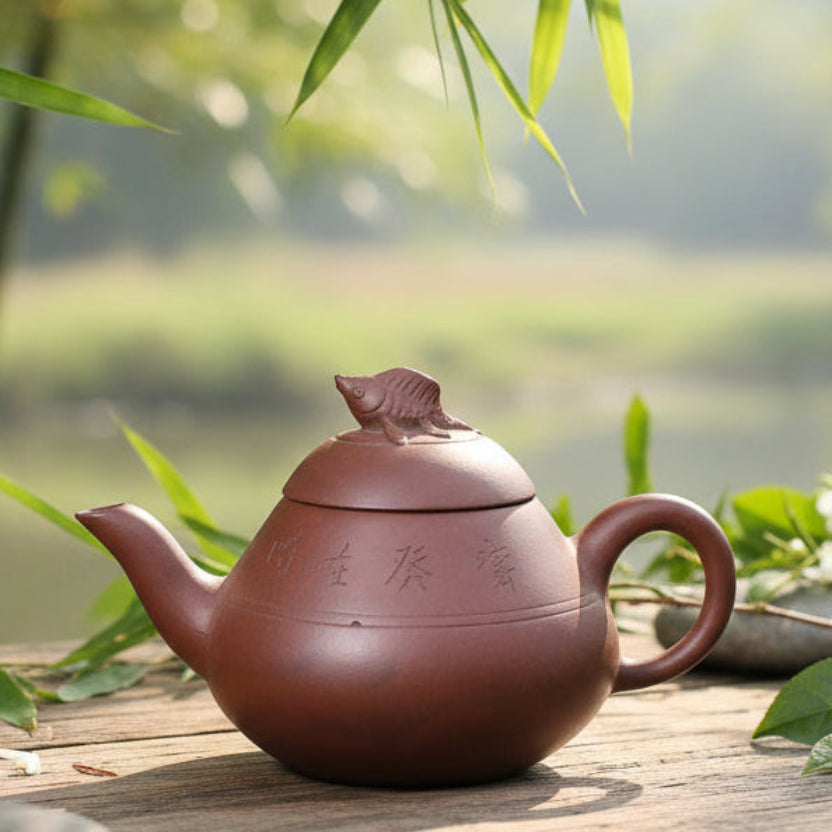 Late Qing Dynasty Chaozhou Red Clay Teapot with Koi or Carp Finial on a wooden surface with green leaves in the background