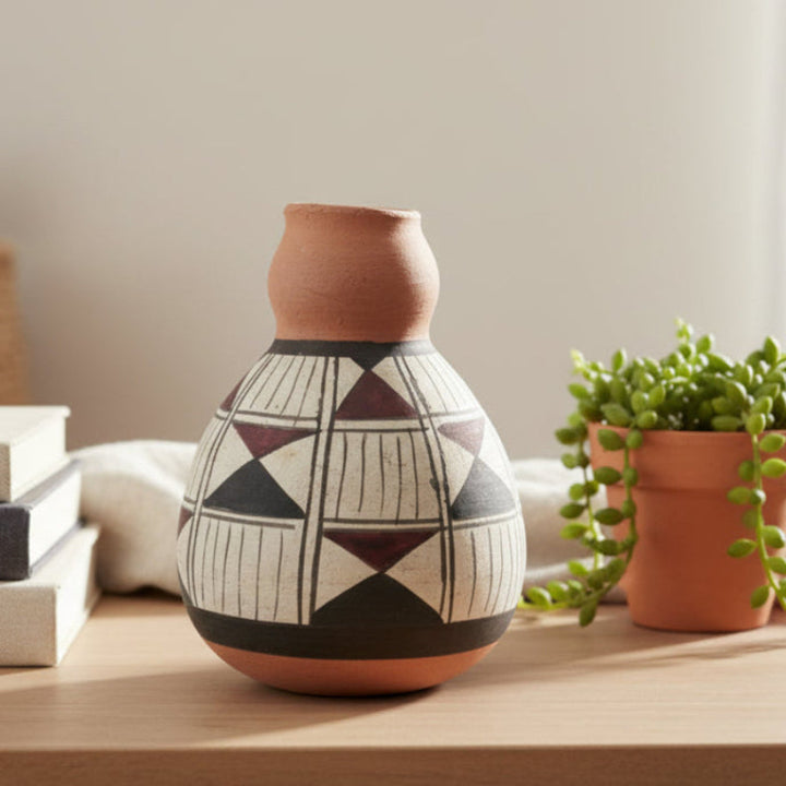 Pre-Columbian Diaguita-Style Pottery Vase Handcrafted Chilean Folk Art, 1950s on a wooden surface with plants in the background
