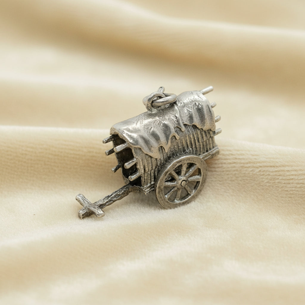 1950 Vintage Sterling Silver Ox Cart Mechanical Charm, Wheels Move.
