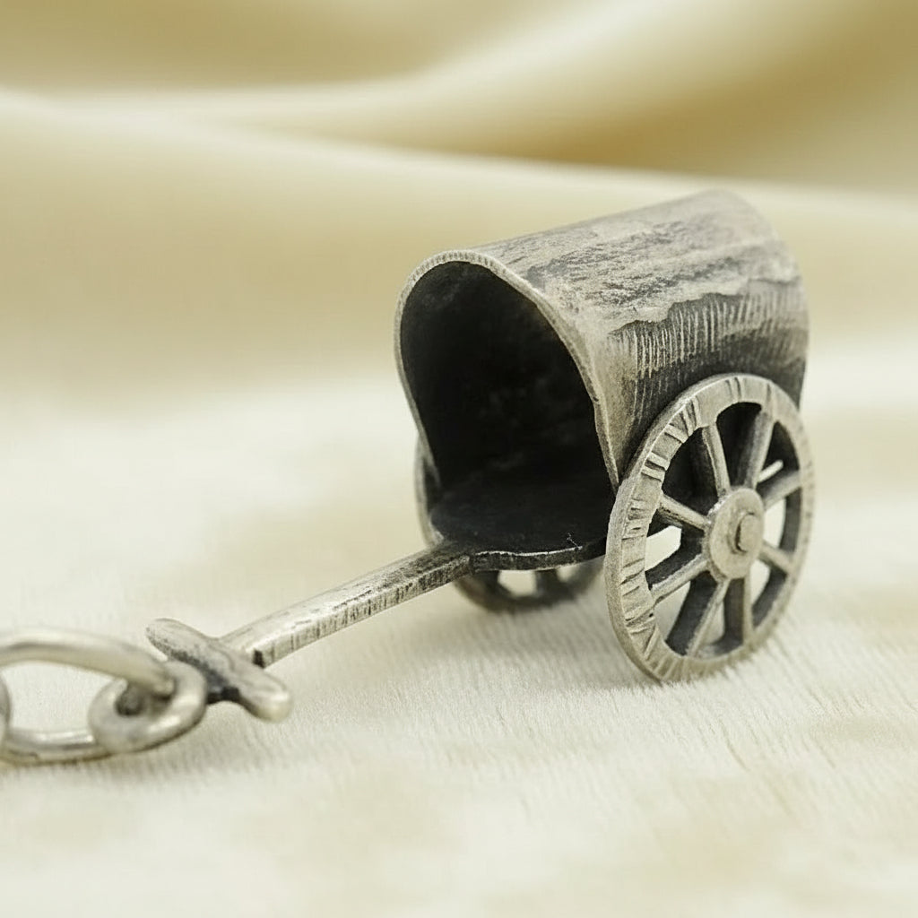 1950 Vintage 900 Silver Ox Cart Wagon Mechanical Charm, Wheels Move