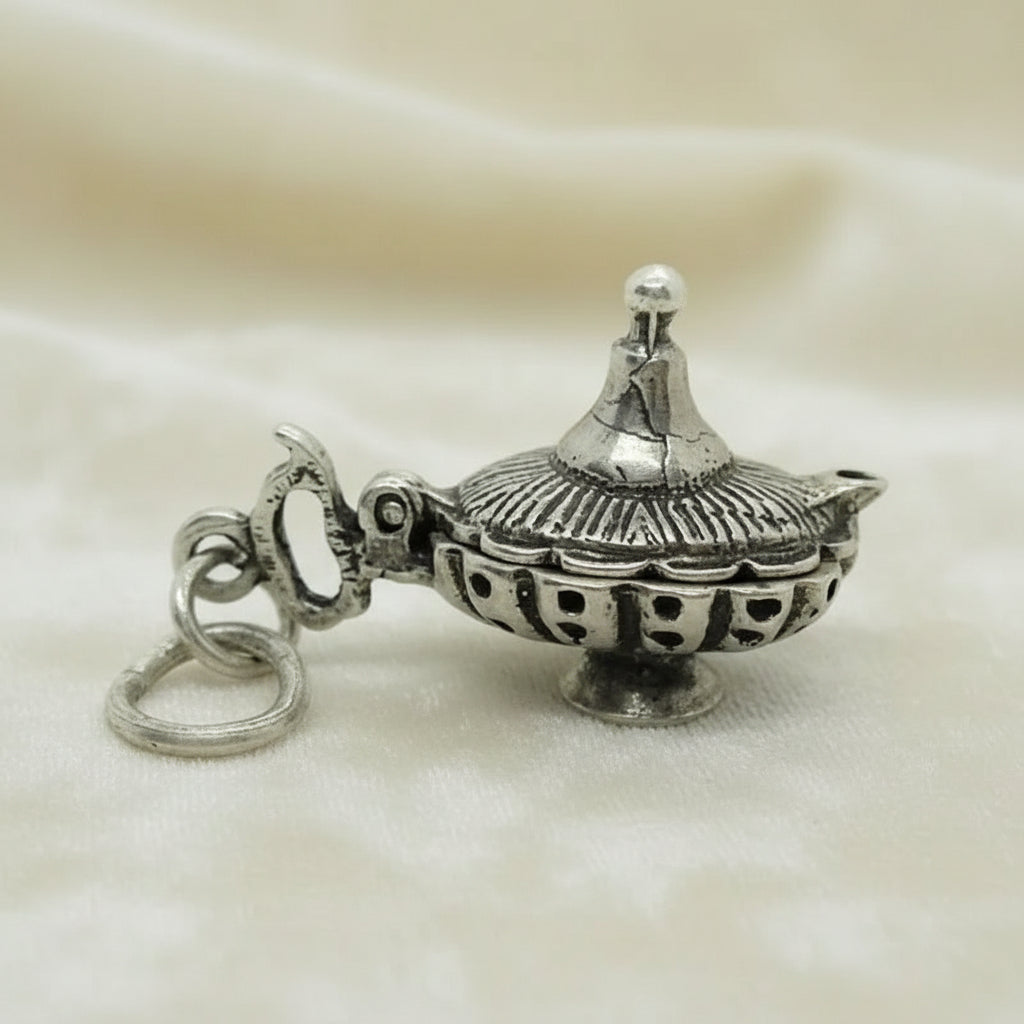 1950 Vintage Aladdin's Genie Silver Oil Lamp Mechanical Charm  -Opens.