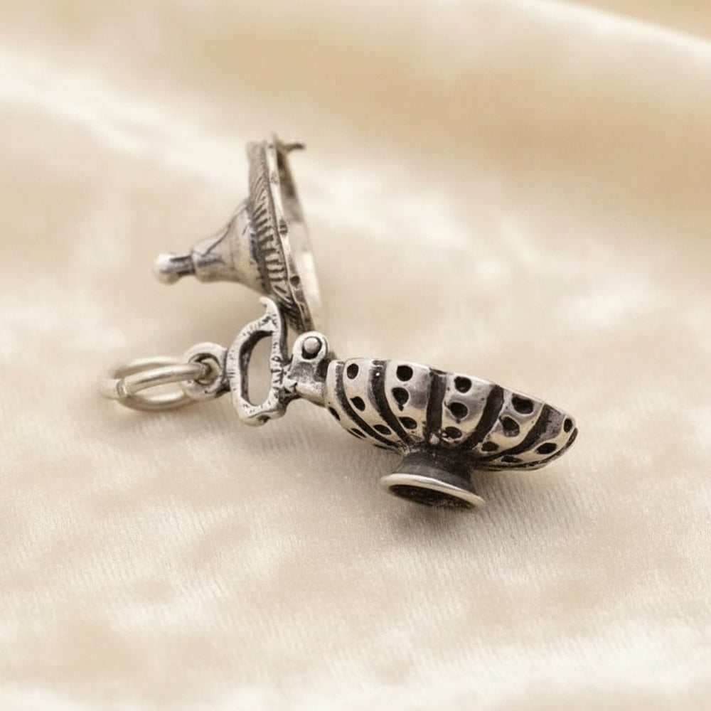 1950 Vintage Aladdin's Genie Silver Oil Lamp Mechanical Charm  -Opens.