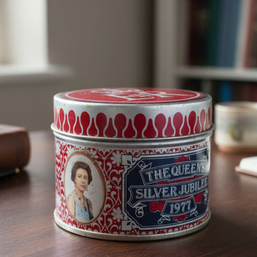 Decorative tin can with Queen Elizabeth II design on a white background