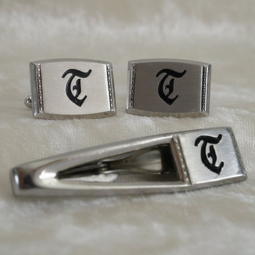 "T" Black Letter Gothic Monogrammed Cufflinks and Tie Clip Set by Hickok.