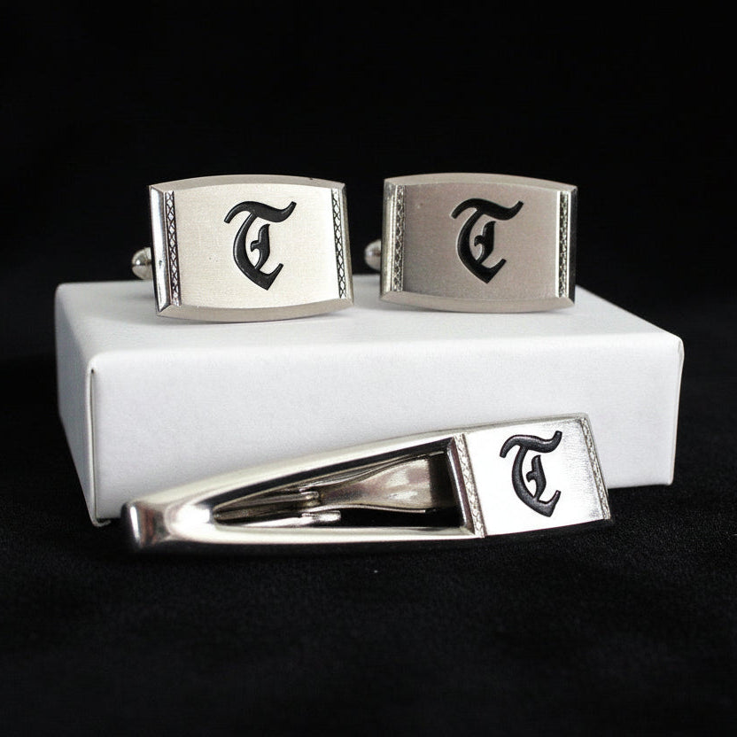"T" Black Letter Gothic Monogrammed Cufflinks and Tie Clip Set by Hickok.