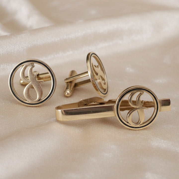 "G" Heirloom Monogrammed Cufflinks and Tie Clip Set.