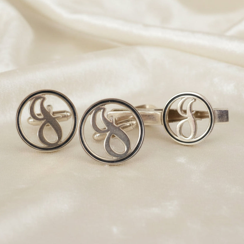 "G" Heirloom Monogrammed Cufflinks and Tie Clip Set.