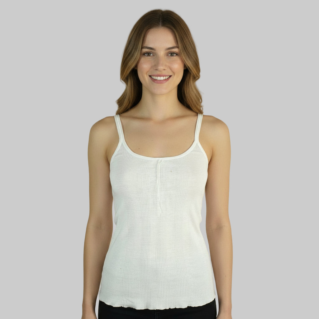 1930s vintage Great Depression Vanta Vestee on woman with plain background.