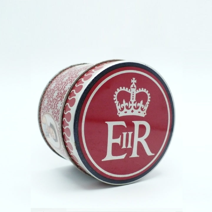 A round cylindrical Matchbox Tin with a red lid featuring a white crown and the letters 'E II R' in white, shown on a plain white background.