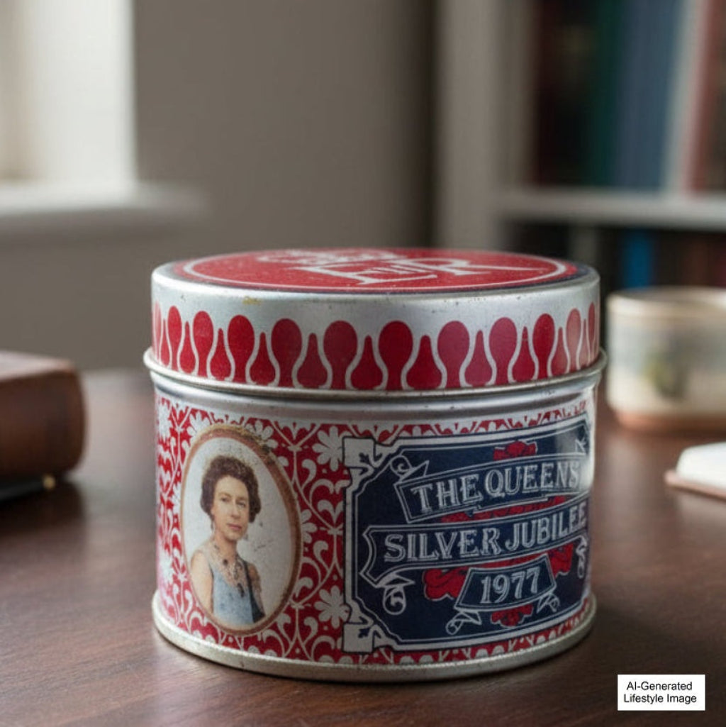 A vintage round metal tin labeled 'The Queen's Silver Jubilee 1977' sits on a wooden table in a real indoor setting with blurred books and objects in the background. The tin has a red and white ornamental pattern, a portrait of Queen Elizabeth, and a dark blue central label.