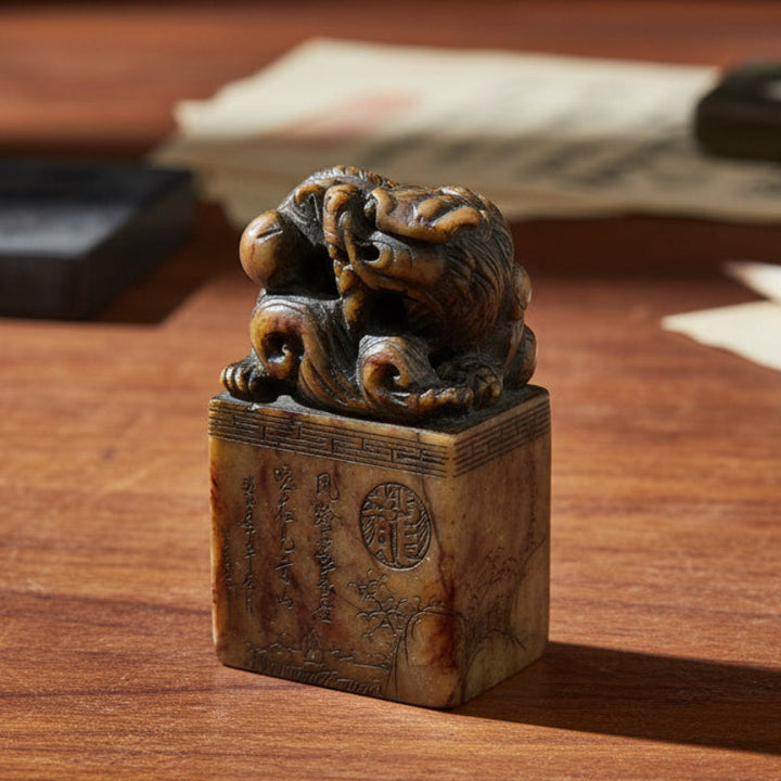 1853 Qing Dynasty Shoushan Seal on a wooden surface