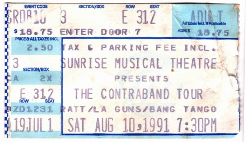 The Contraband, Ratt & LA Guns 1991 Ticket Stub, front.