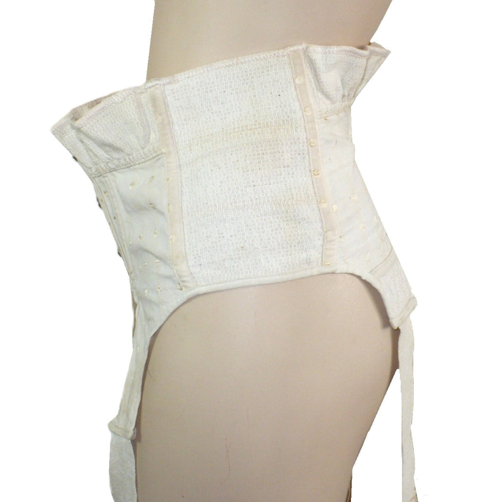 Extremely Rare 1928–1935 Maternity Suspender Belt on mannequin, side view.