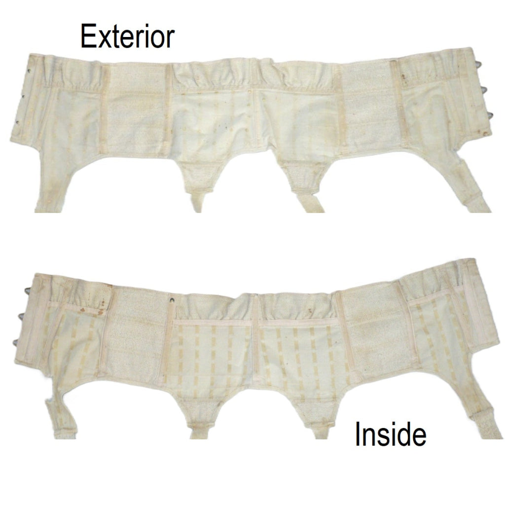 Extremely Rare 1928–1935 Maternity Suspender Belt, interior and exterior views of it laying flat.