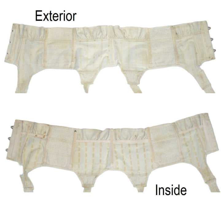 Extremely Rare 1928–1935 Maternity Suspender Belt, interior and exterior views of it laying flat.