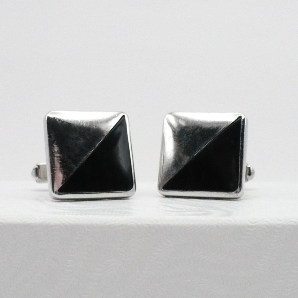 Midnight Cut Cufflinks by Anson 1950s Men's Vintage Jewelry Black Silver Tone.