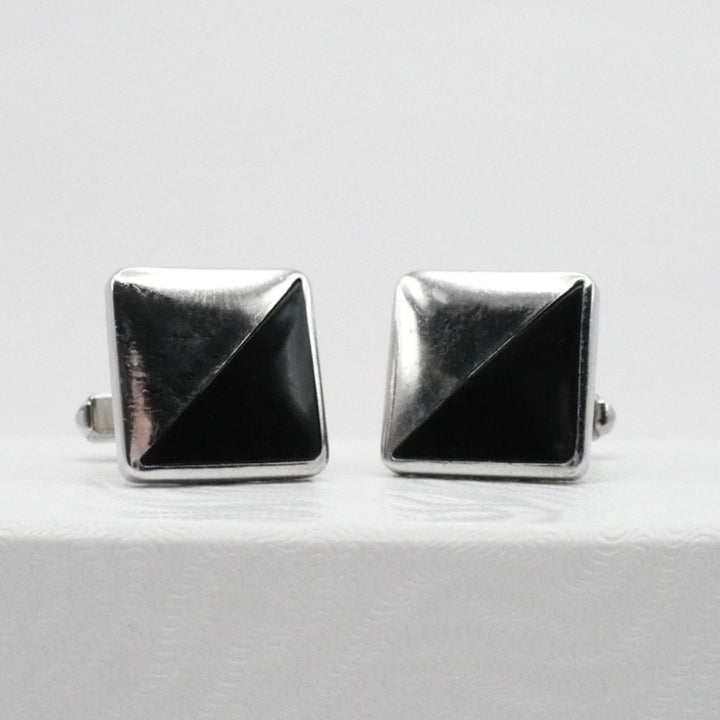 Midnight Cut Cufflinks by Anson 1950s Men's Vintage Jewelry Black Silver Tone.