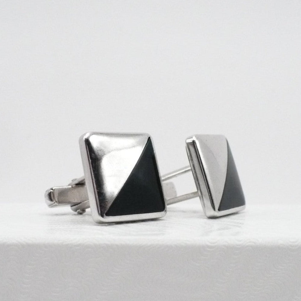 Midnight Cut Cufflinks by Anson 1950s Men's Vintage Jewelry Black Silver Tone.
