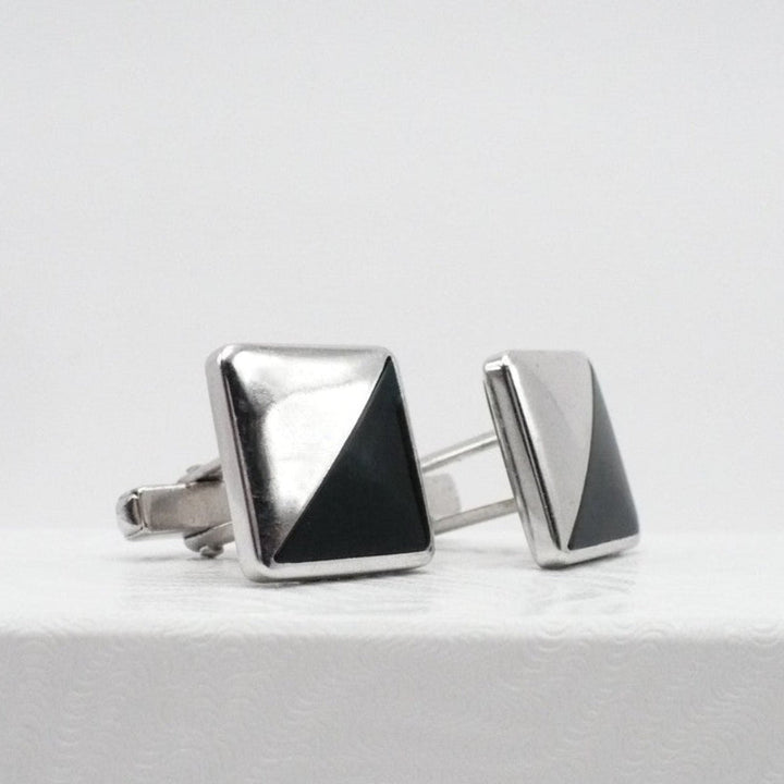 Midnight Cut Cufflinks by Anson 1950s Men's Vintage Jewelry Black Silver Tone.