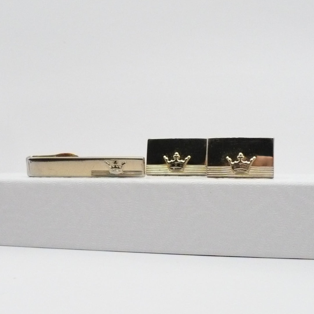 Regal Cufflinks & Tie Clip Set Gold Tone Crown Vintage Men's Jewelry.