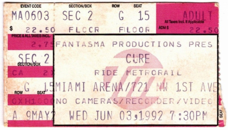 The Cure & Cranes 1992 Ticket Stub, front.