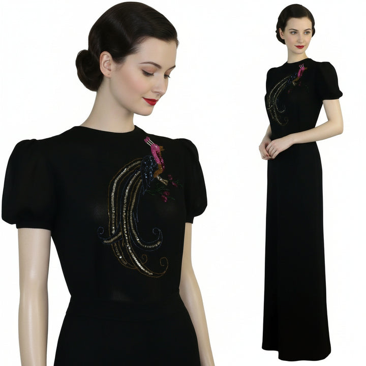 1940s Bird of Paradise Evening Ensemble on model with white background.