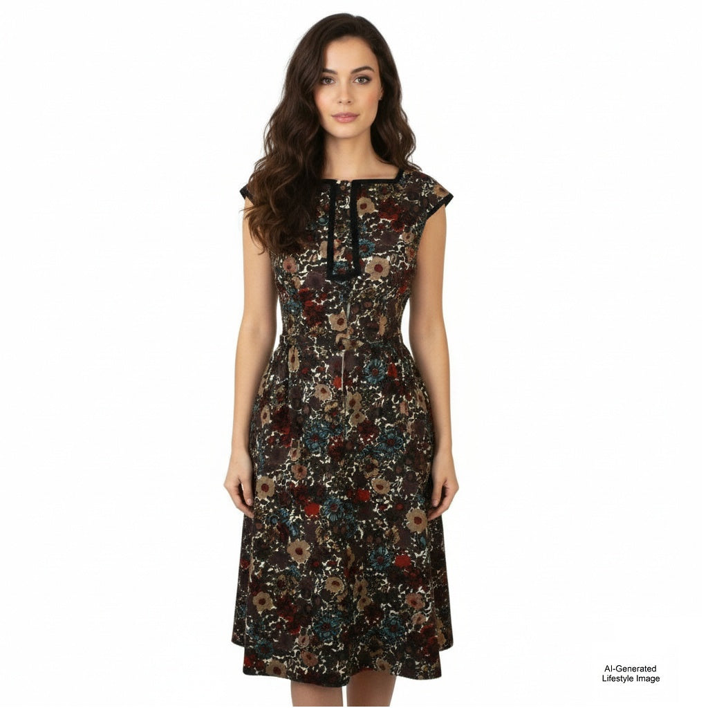 AI-generated lifestyle model wearing the 1960s vintage floral day dress.
