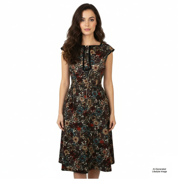 AI-generated lifestyle model wearing the 1960s vintage floral day dress.