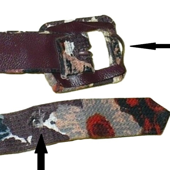 Detail shot of the matching fabric belt and belt buckle.