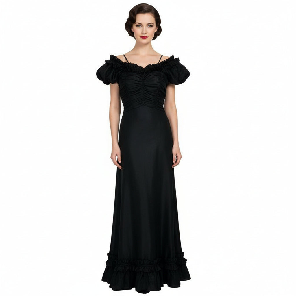Woman wearing a XS 1930s Vintage Black Taffeta Tango Dress, Silver Screen Gown with white background.