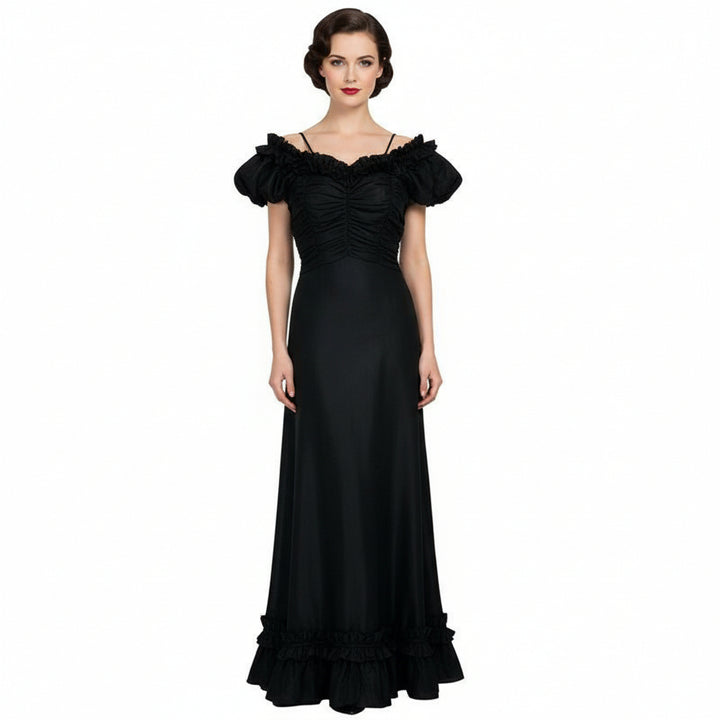 Woman wearing a XS 1930s Vintage Black Taffeta Tango Dress, Silver Screen Gown with white background.