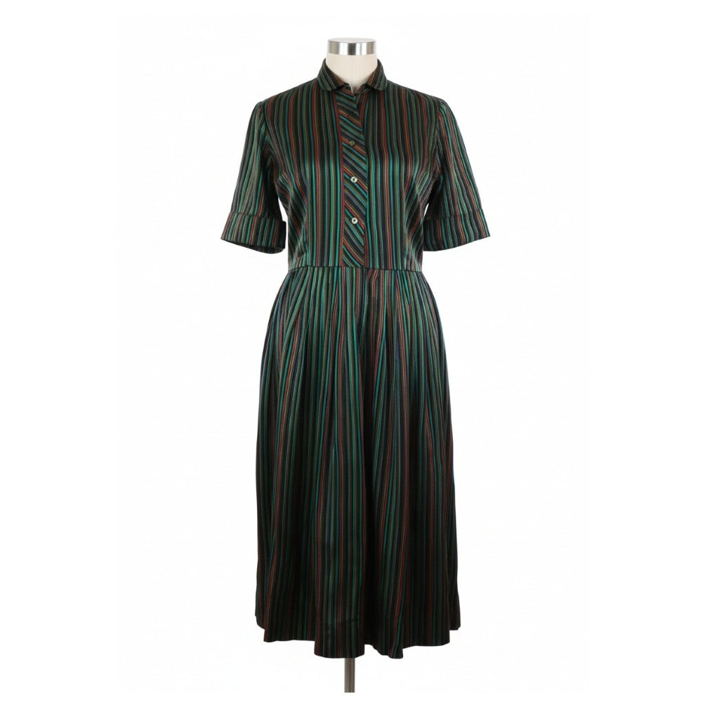 1960s Striped Satin Shirtwaist Dress on dress form, front facing.