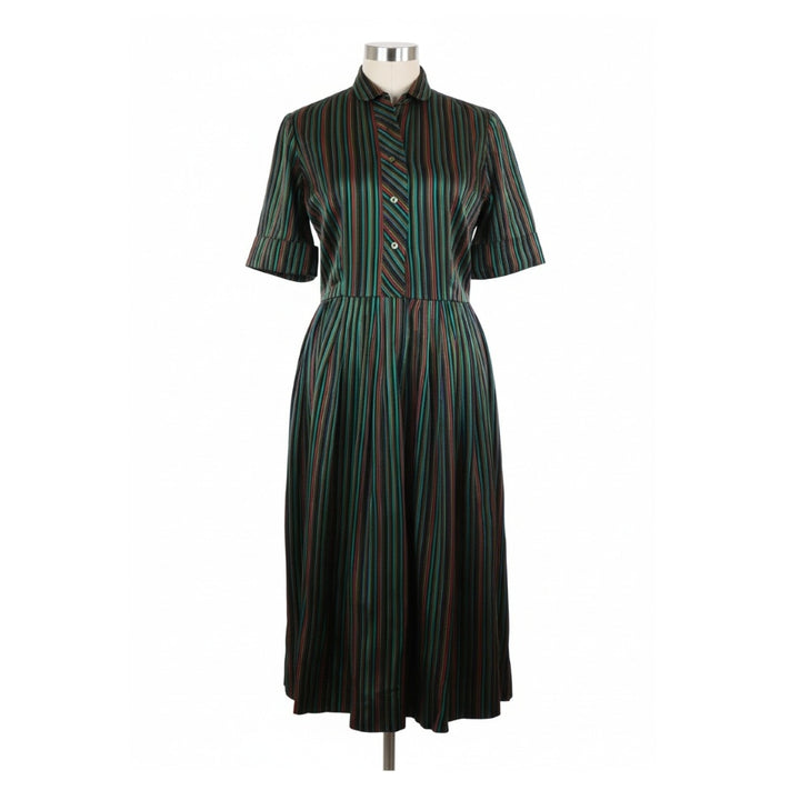 1960s Striped Satin Shirtwaist Dress on dress form, front facing.