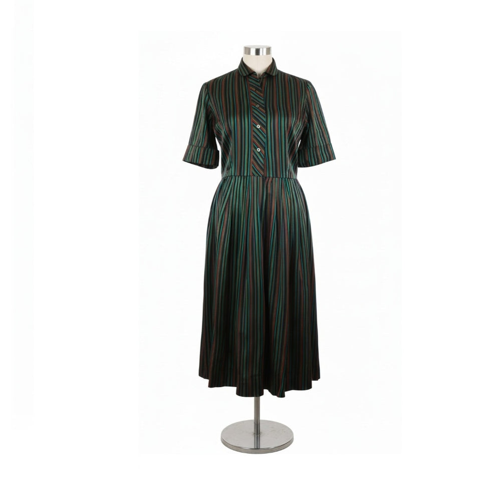 1960s Striped Satin Shirtwaist Dress on dress form, front facing on a full dress form stand.