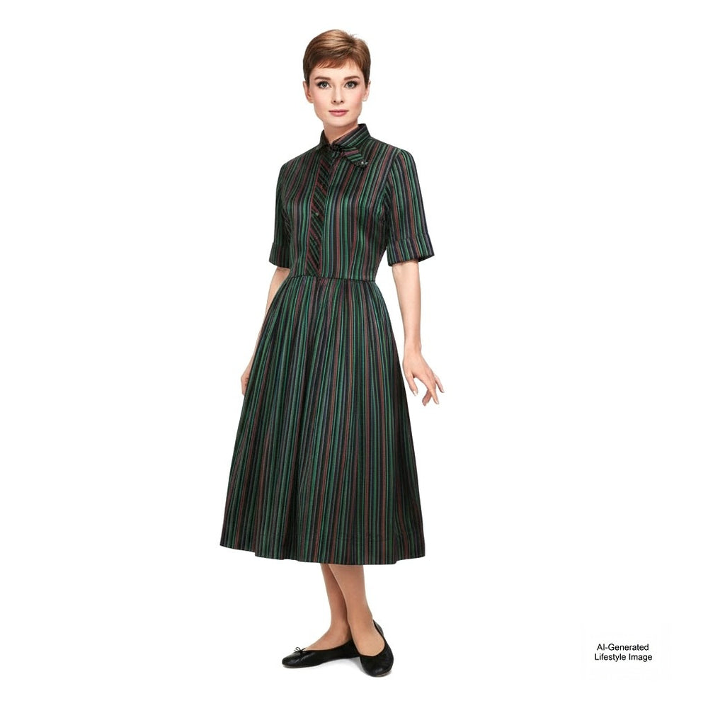 1960s Vintage Striped Satin Jewel-tone Shirtwaist Day Dress, bodice, Audrey Hepburn Style. displayed on Ai Generated lifestyle model.