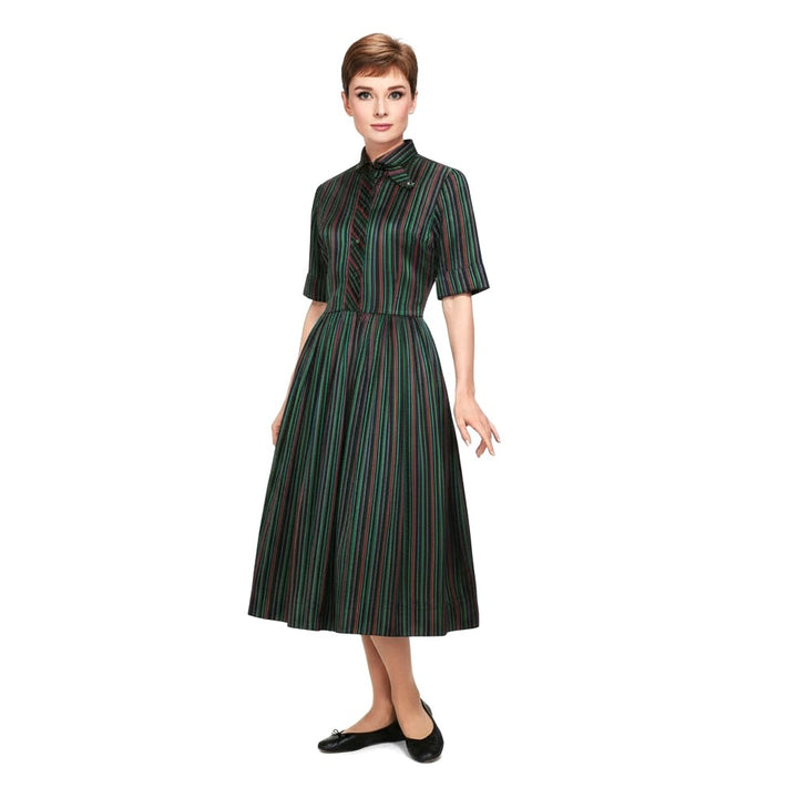 1960s Vintage Striped Satin Jewel-tone Shirtwaist Day Dress, bodice, Audrey Hepburn Style, on a model.
