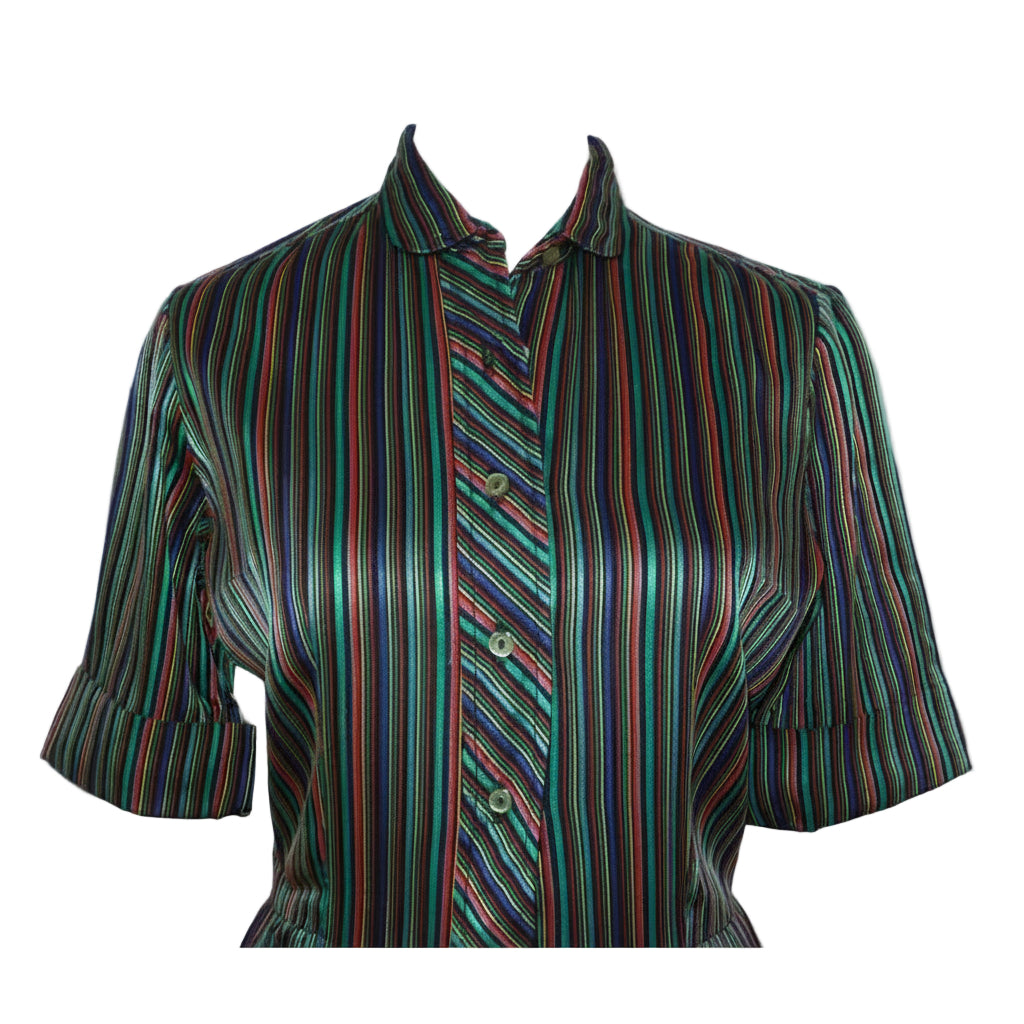 1960s Vintage Striped Satin Jewel-tone Shirtwaist Day Dress, bodice, Audrey Hepburn Style.