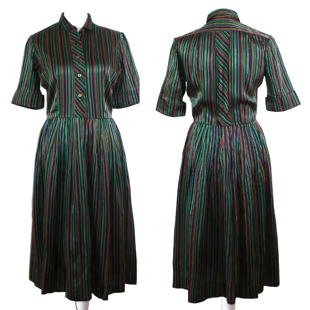 1960s Vintage Striped Satin Jewel-tone Shirtwaist Day Dress, front and back views, Audrey Hepburn Style.