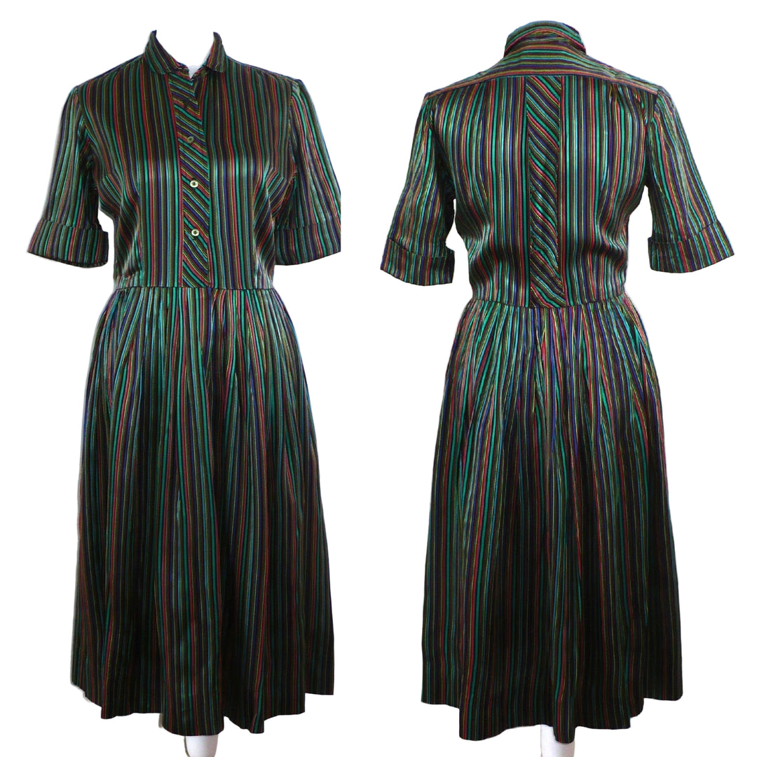 1960s Vintage Striped Satin Jewel-tone Shirtwaist Day Dress, front and back views, Audrey Hepburn Style.
