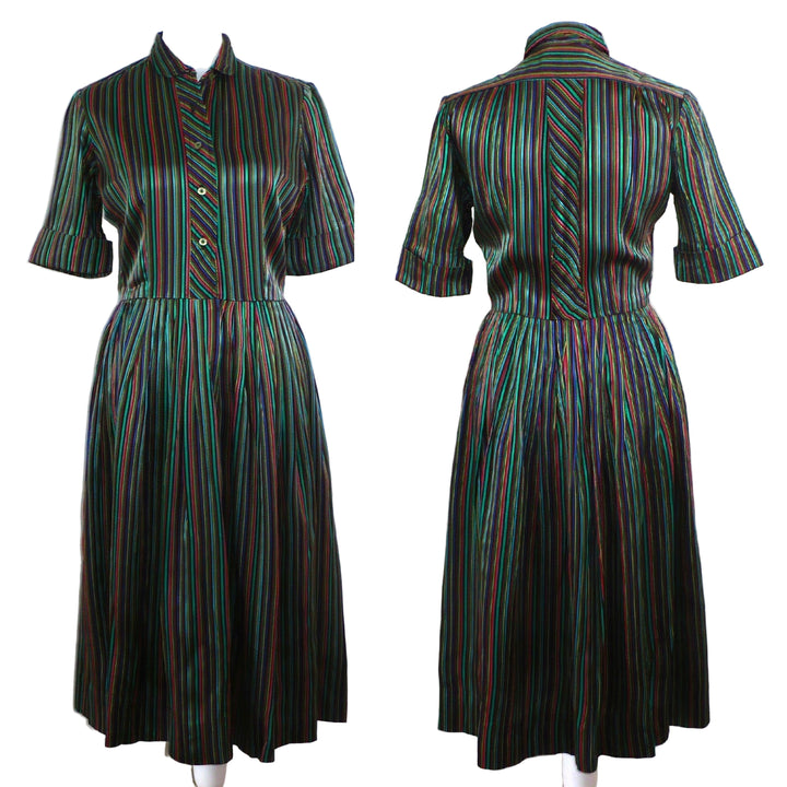 1960s Vintage Striped Satin Jewel-tone Shirtwaist Day Dress, front and back views, Audrey Hepburn Style.