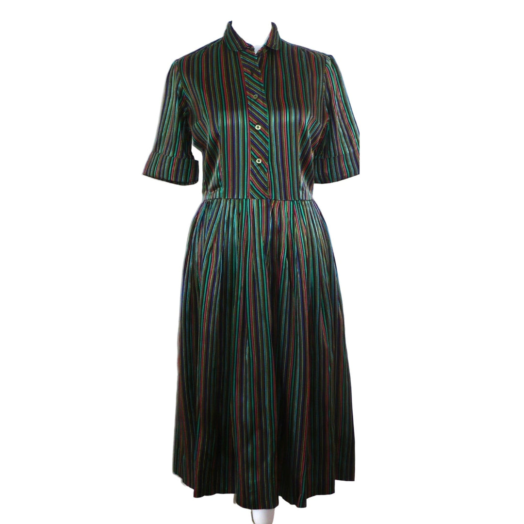 1960s Striped Satin Shirtwaist Dress., front.
