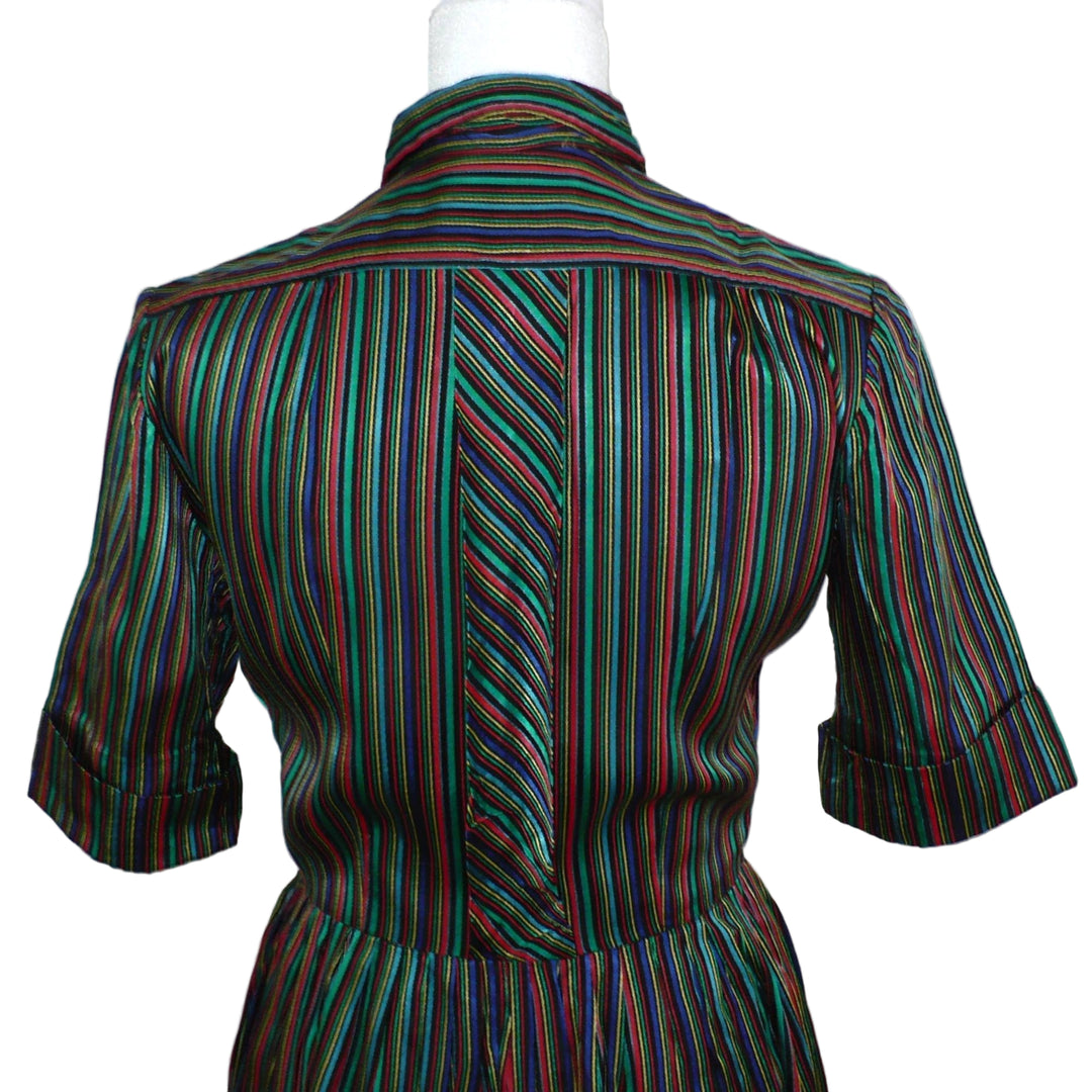 1960s Vintage Satin Jewel-tone Striped Shirtwaist Day Dress, view of bodice back.
