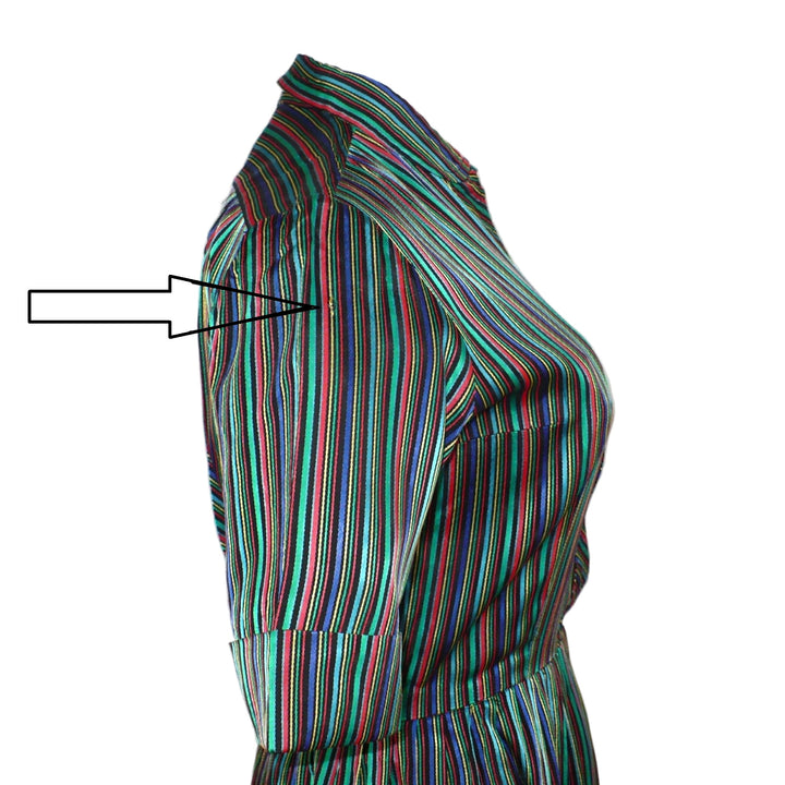 1960s Vintage Striped Satin Jewel-tone Shirtwaist Day Dress, with arrow pointing at a small mar in the fabric at tright sleeve side.