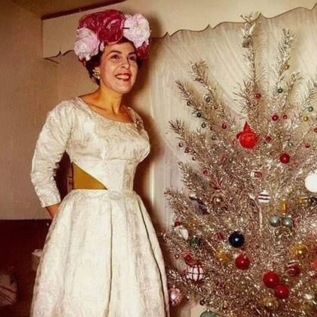 Editorial vintage photo of a woman modeling a 1960s party dress beside an aluminum holiday tree.