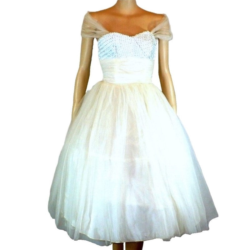 1950s Vintage White Sequin-Embellished Tea-Length Prom Dress XS.