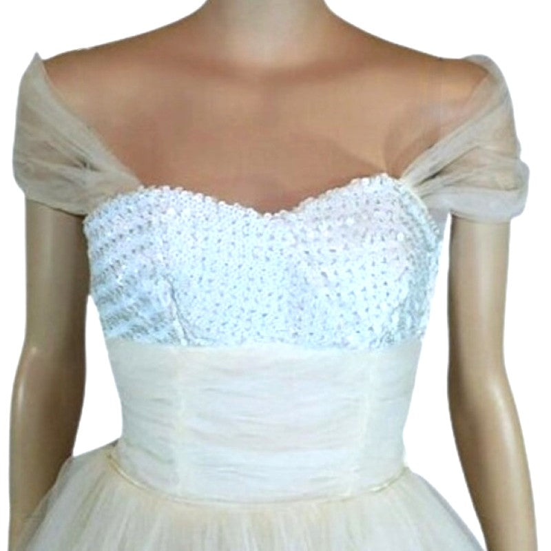 950s Vintage White Sequin-Embellished Tea-Length Prom Dress.XS.
