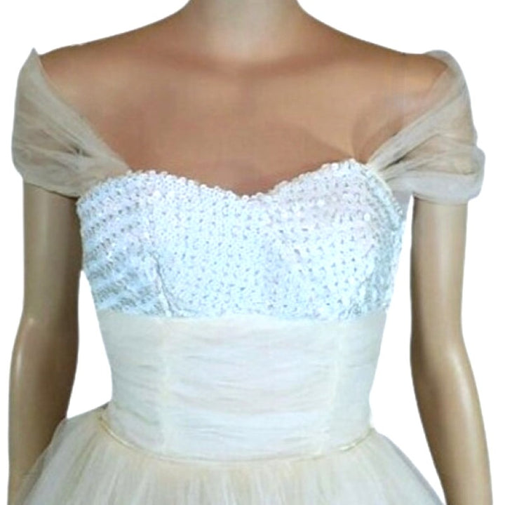 950s Vintage White Sequin-Embellished Tea-Length Prom Dress.XS.